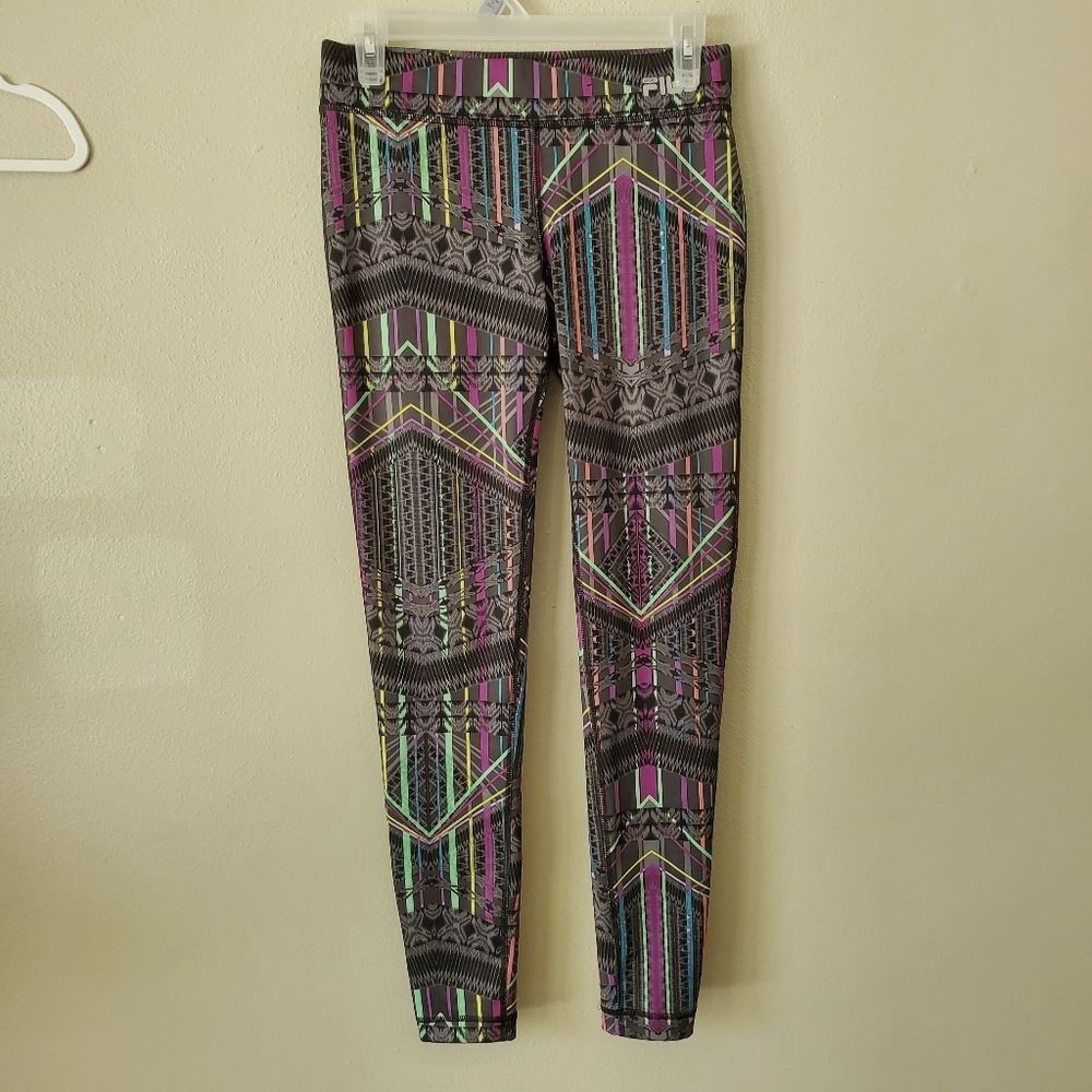 Fila Sport Neon Geometric Leggings XS Black Colorful Festival Athleisure Legging